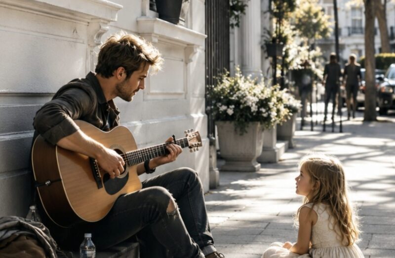 Der mittellose Sänger spielte ein Lied für ein weinendes kleines Mädchen – er ahnte nicht, dass ihre millionenschwere Mutter vom Fenster aus zusah.